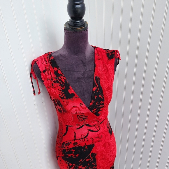 E. Gen Red Black Stretch Swim Cover Up Women's Print Dress Tie Shoulder Sz S - Picture 3 of 15